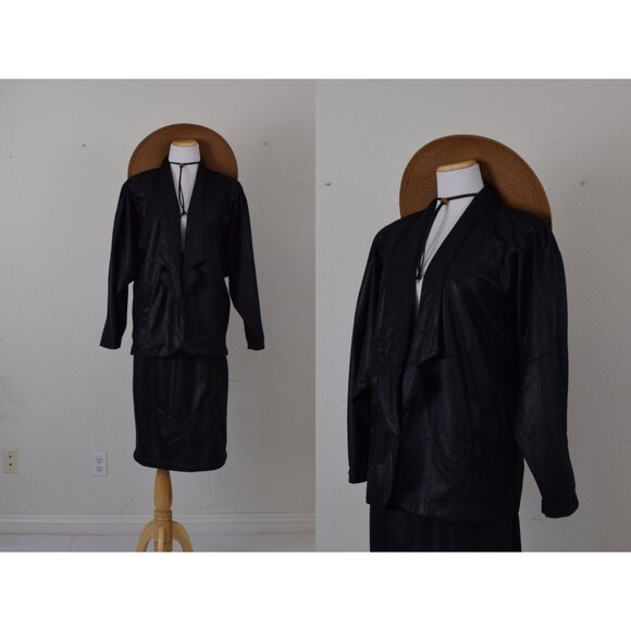 Vintage Black Polyester 2‎ pc Skirt + Jacket Set - Picture 1 of 10